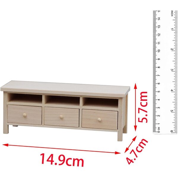 1:12 TV-Schrank aus Holz für Puppenhaus mit aufklappbaren Schubladen und elegantem Design