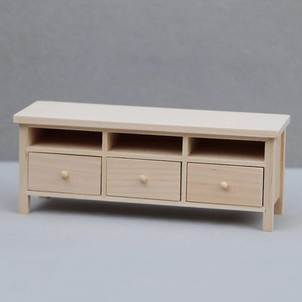 1:12 TV-Schrank aus Holz für Puppenhaus mit aufklappbaren Schubladen und elegantem Design