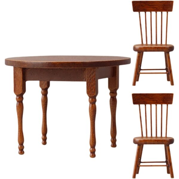 Fenteer Tavolo Rotondo in Legno 1/12 per Casa delle Bambole con 2 Sedie Miniature