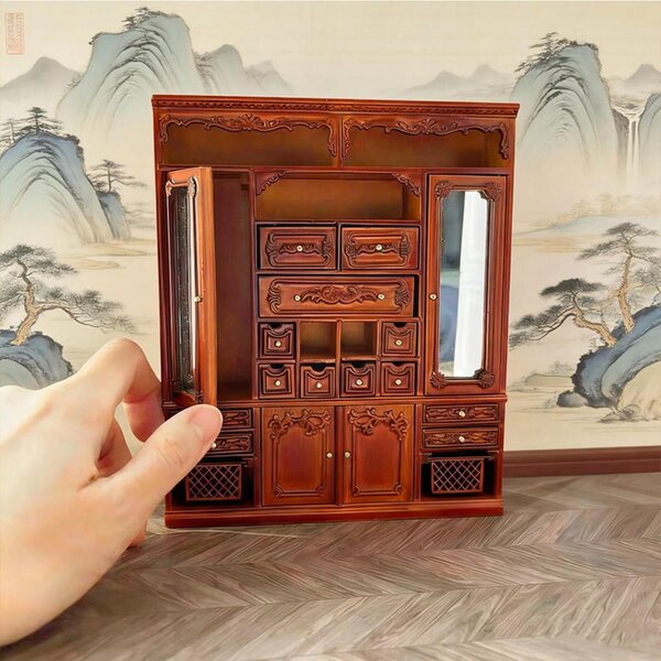 Miniatur-Kleiderschrank aus Holz für Puppenhaus 1:12 mit Türen und Schubladen