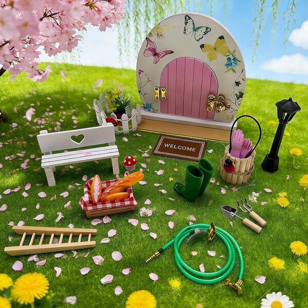 1/12 Puppenhaus-Miniatur-Türbausatz mit Gartenzubehör und Schmetterlingen