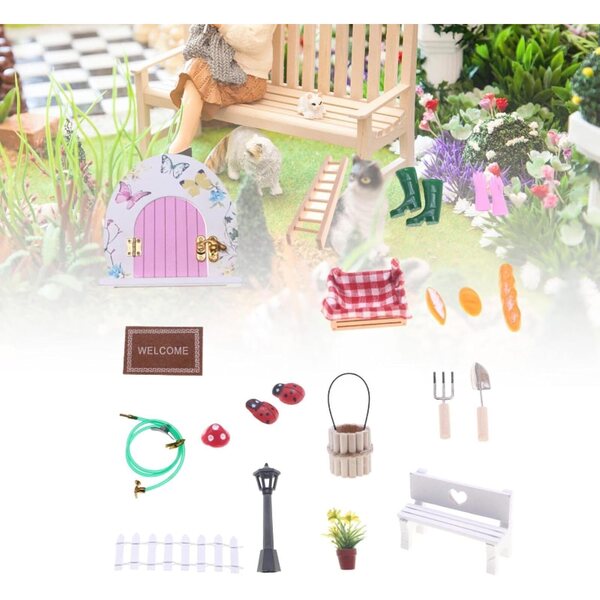 1/12 Puppenhaus-Miniatur-Türbausatz mit Gartenzubehör und Schmetterlingen