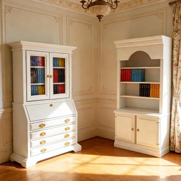 1:12 Miniatur-Bücherregal aus Holz für Puppenhaus mit Schubladen und festen Büchern