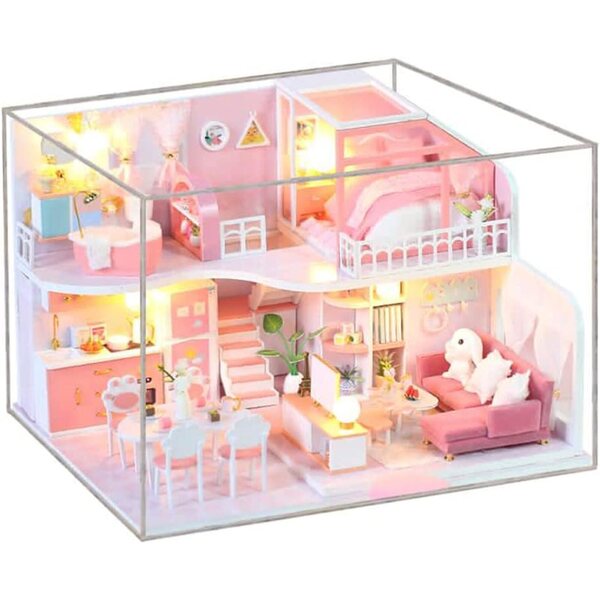 Mingzhe Kit Casa delle Bambole in Miniatura con Luci LED e Mobili in Legno Rosa