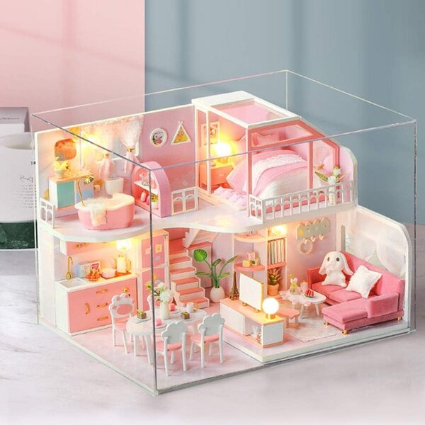 Mingzhe Kit Casa delle Bambole in Miniatura con Luci LED e Mobili in Legno Rosa