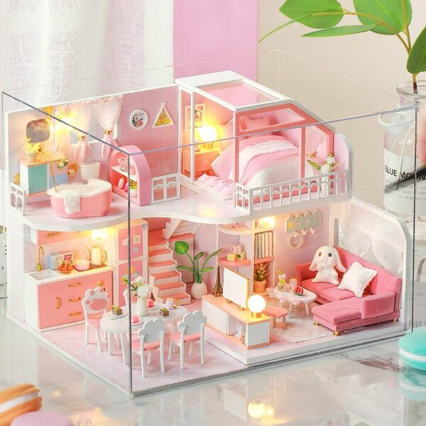 Mingzhe Kit Casa delle Bambole in Miniatura con Luci LED e Mobili in Legno Rosa