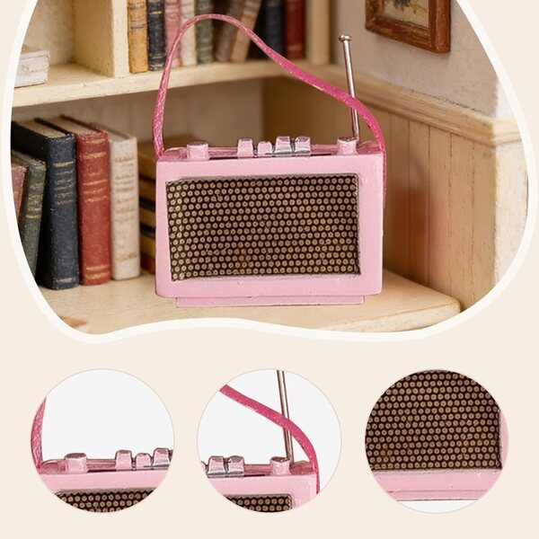 Miniaturradio aus PU-Harz und Leder für Puppenhaus 1:12, Pink