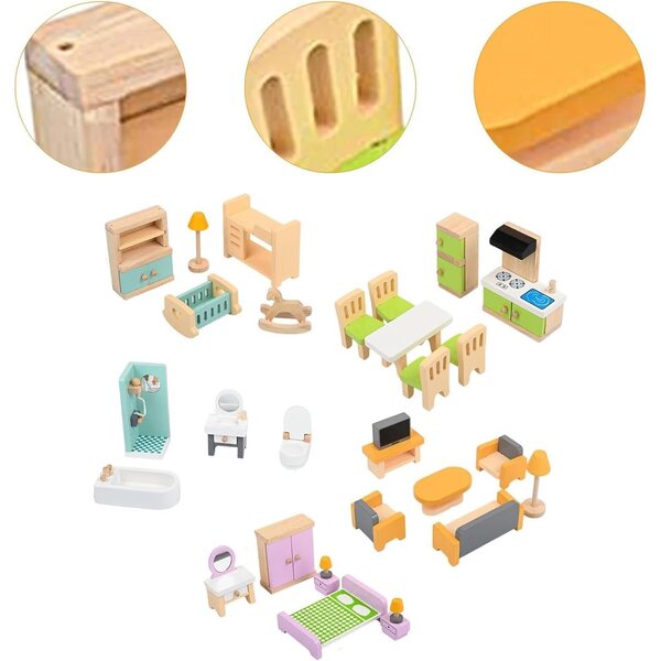 Set 27-teilige Miniatur-Holzmöbel für Puppenhäuser LeeQinersw