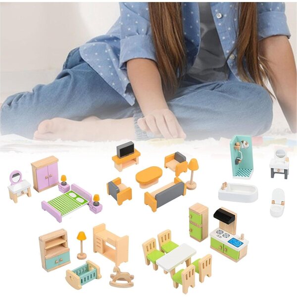Set 27-teilige Miniatur-Holzmöbel für Puppenhäuser LeeQinersw