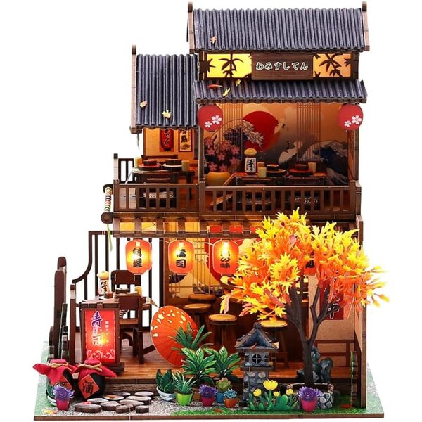 Japanese Miniature Dollhouse Kit with LED and Furniture for DIY Hobby