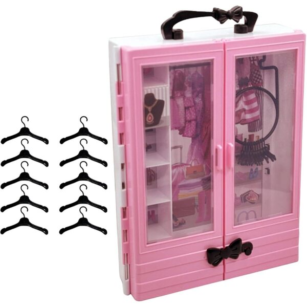 Armadio per bambole rosa e nero con 10 grucce e cassetto porta accessori