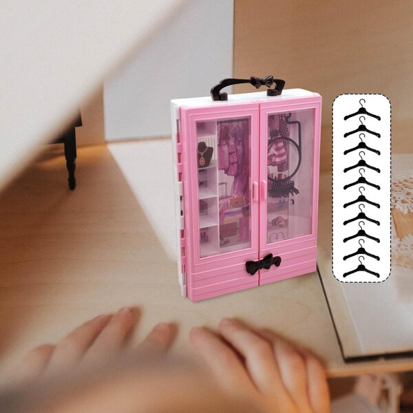 Armadio per bambole rosa e nero con 10 grucce e cassetto porta accessori