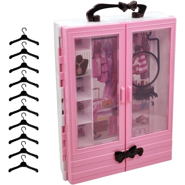 Armadio per bambole rosa e nero con 10 grucce e cassetto porta accessori