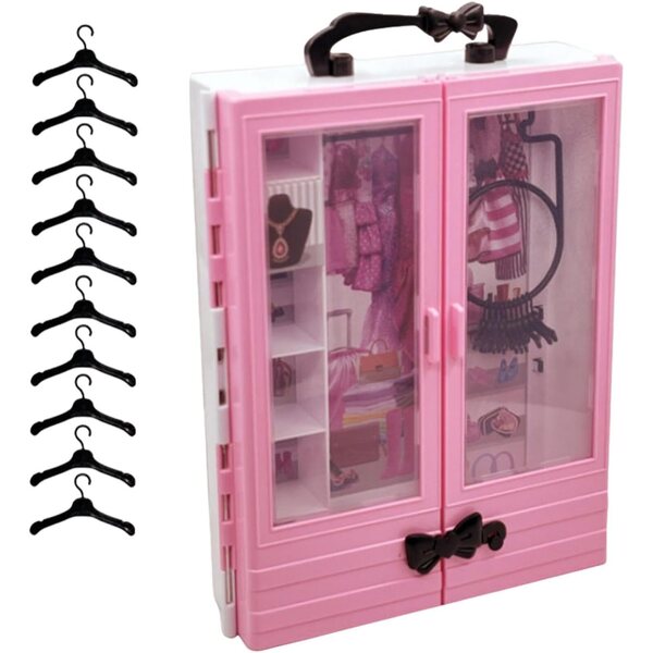 Armadio per bambole rosa e nero con 10 grucce e cassetto porta accessori