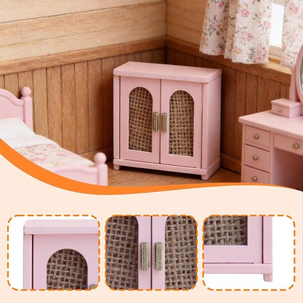 Mini-Aufbewahrungsregal aus Holz für Puppenhaus 1:12 – Detaillierte rosa Dekoration