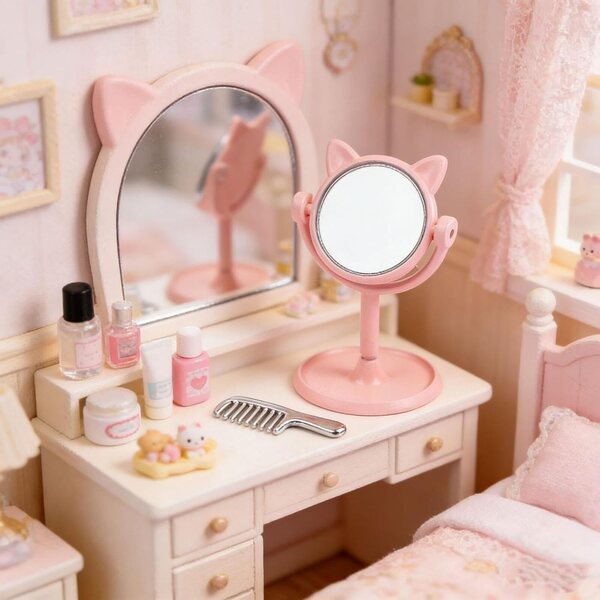 harayaa Specchio da Trucco in miniatura 1:12 con Pettine per Casa delle Bambole Rosa
