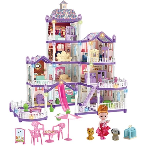 Villa casa delle bambole con 3 bambole, 2 cuccioli e accessori - set gioco miniatura