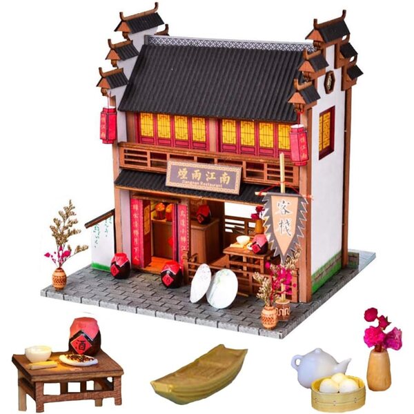 DIY-Puppenhaus-Bausatz aus Holz im chinesischen Stil mit handgefertigten Miniaturmöbeln
