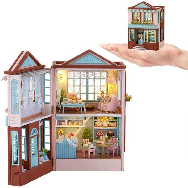 3D-Puppenhaus-Bausatz aus Holz mit LED-Licht, DIY dekorative Buchstütze
