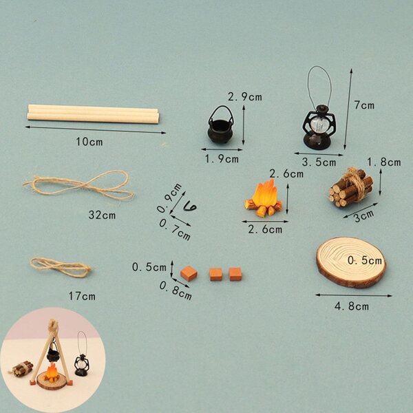 1:12 Miniatur-Camping-Küchenset mit Feuer, 14-teilig für Puppenhäuser