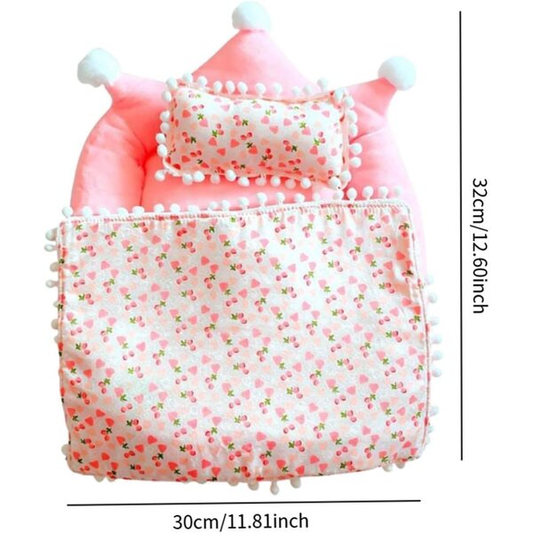 Letto Portatile per Bambole in peluche rosa con trapunta e cuscino, M 32x30 cm