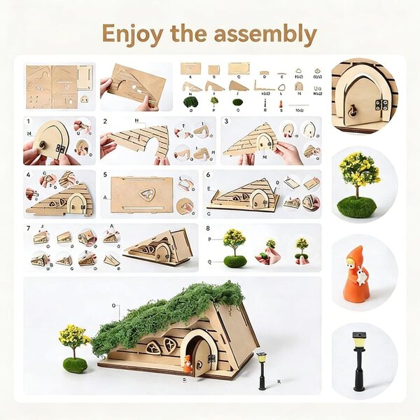 Dreieckiges Feenhaus-Set aus Holz für Kinder und kreative Dekorationen