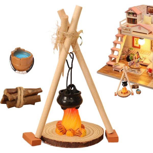 Miniatur-Lagerfeuer-Set mit hängendem Herd, detaillierter Harzbausatz für 3-Zoll-Puppenhaus