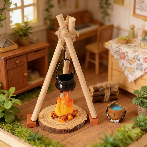 Miniatur-Lagerfeuer-Set mit hängendem Herd, detaillierter Harzbausatz für 3-Zoll-Puppenhaus
