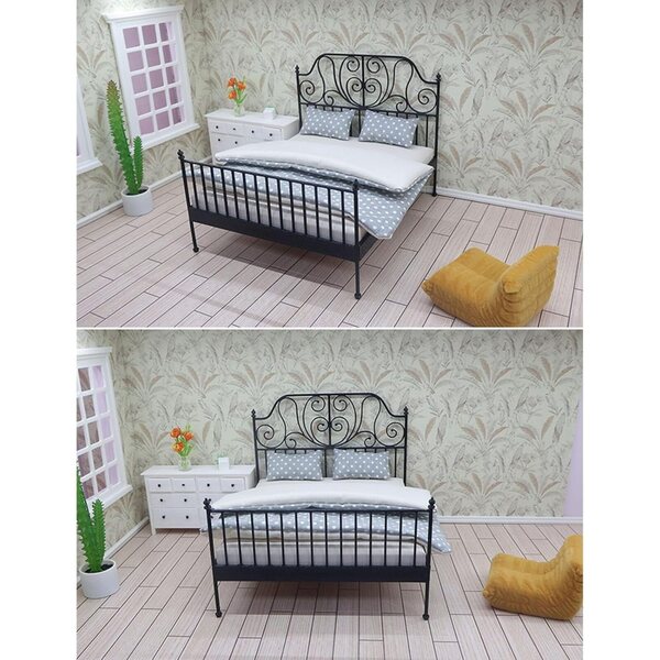 Letto in Metallo per Casa delle Bambole Scala 1:12 con Biancheria Rimovibile e Design Antico