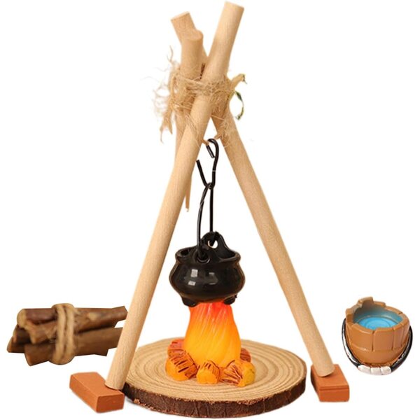 1:12 Miniatur-Lagerfeuer-Set mit Teekanne | Realistische Dekoration für Puppenhaus und Feengarten