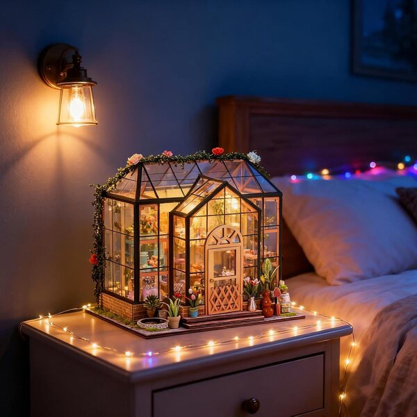 Kit Casa delle Bambole Tiny Garden Cottage in Legno con Illuminazione e Mini Arredi