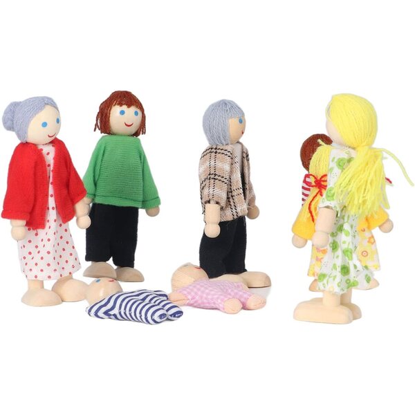 Casa delle Bambole in Legno con 8 Personaggi Mobili - Famiglia Completa in Betulla