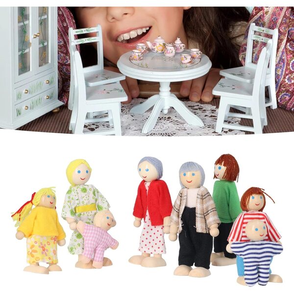 Casa delle Bambole in Legno con 8 Personaggi Mobili - Famiglia Completa in Betulla