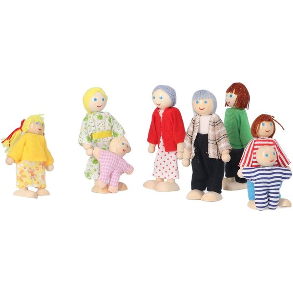 Casa delle Bambole in Legno con 8 Personaggi Mobili - Famiglia Completa in Betulla