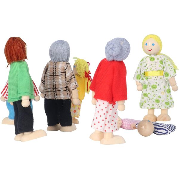Casa delle Bambole in Legno con 8 Personaggi Mobili - Famiglia Completa in Betulla