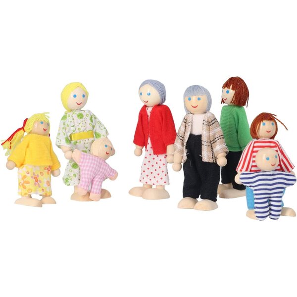 Casa delle Bambole in Legno con 8 Personaggi Mobili - Famiglia Completa in Betulla