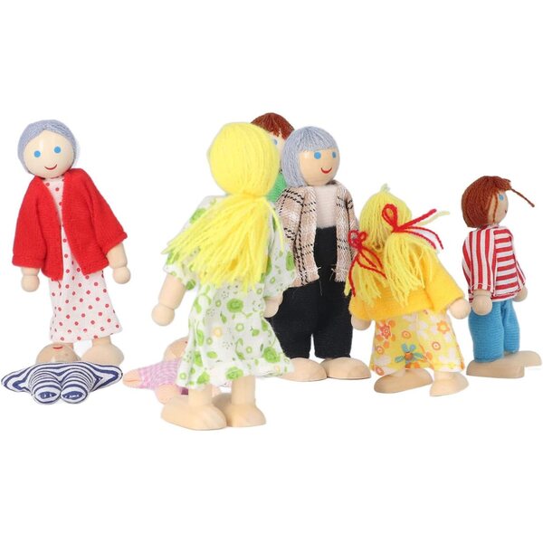 Casa delle Bambole in Legno con 8 Personaggi Mobili - Famiglia Completa in Betulla