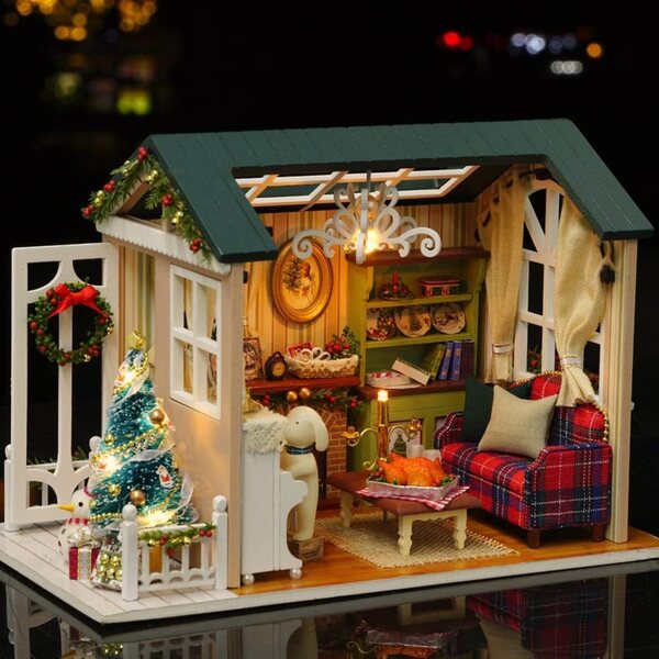 3D-Puppenhaus-Bausatz zum Selbermachen mit LED-Lichtern und Weihnachtsdekorationen für Kinder
