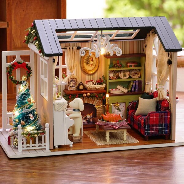 3D-Puppenhaus-Bausatz zum Selbermachen mit LED-Lichtern und Weihnachtsdekorationen für Kinder
