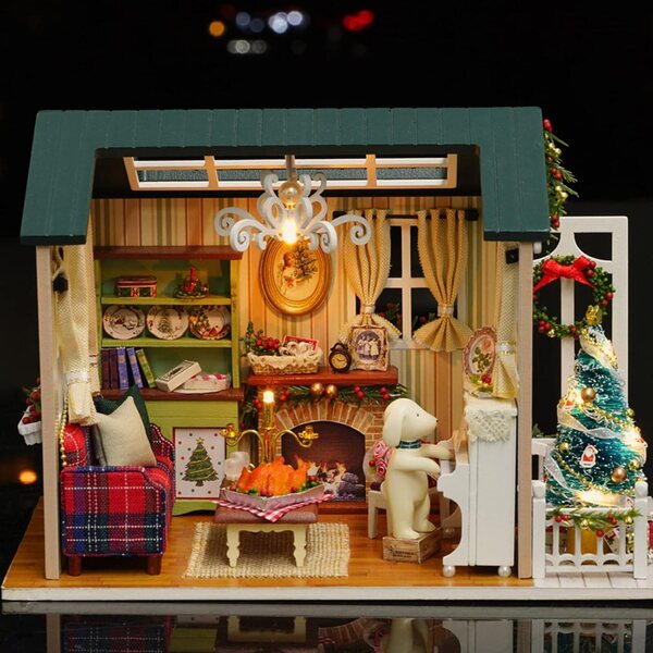 3D-Puppenhaus-Bausatz zum Selbermachen mit LED-Lichtern und Weihnachtsdekorationen für Kinder