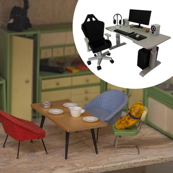Miniatur-Büromöbel 1/12 Schreibtisch, Gaming-Stuhl und Computer Luwecf