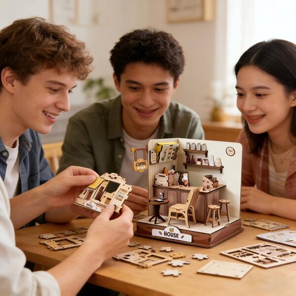3D-Holzpuzzle-Miniaturbausatz, Kaffeehaus-Miniatur für Erwachsene und Kinder