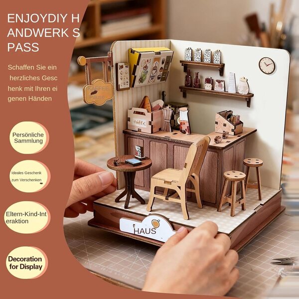 3D-Holzpuzzle-Miniaturbausatz, Kaffeehaus-Miniatur für Erwachsene und Kinder