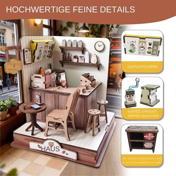 3D-Holzpuzzle-Miniaturbausatz, Kaffeehaus-Miniatur für Erwachsene und Kinder