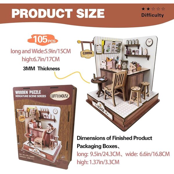 3D-Holzpuzzle-Miniaturbausatz, Kaffeehaus-Miniatur für Erwachsene und Kinder
