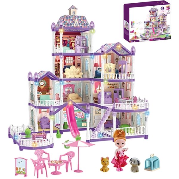 Casa delle Bambole Illuminata con Castello - Set Giocattolo Interattivo 275 pezzi Bambini 4-6 anni