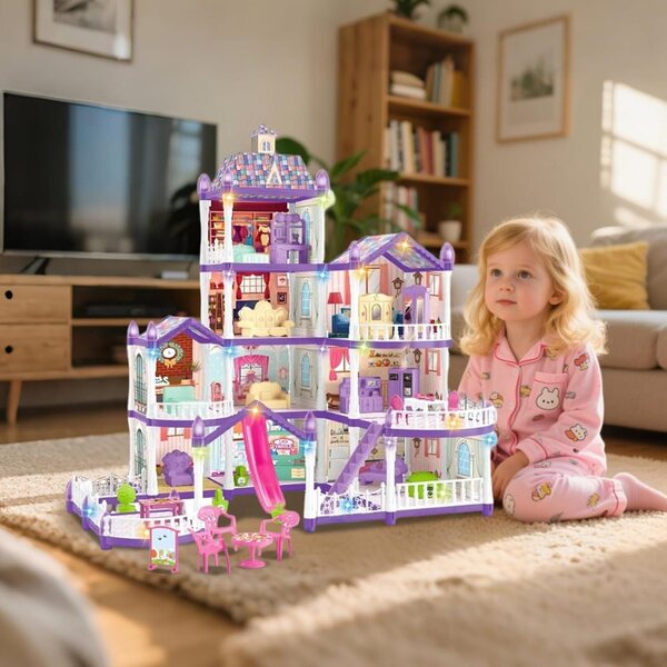 Casa delle Bambole Illuminata con Castello - Set Giocattolo Interattivo 275 pezzi Bambini 4-6 anni