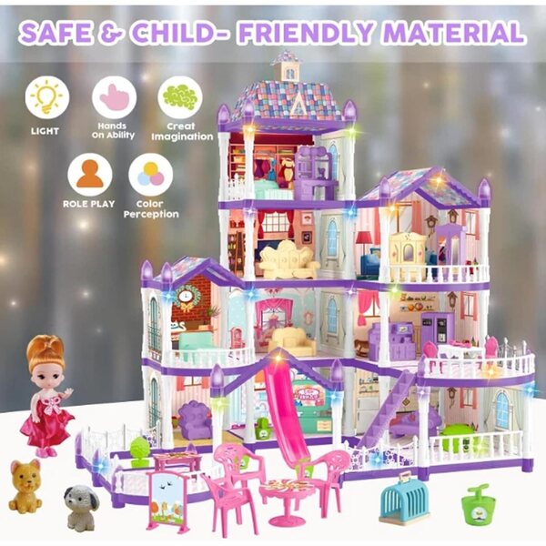 Casa delle Bambole Illuminata con Castello - Set Giocattolo Interattivo 275 pezzi Bambini 4-6 anni
