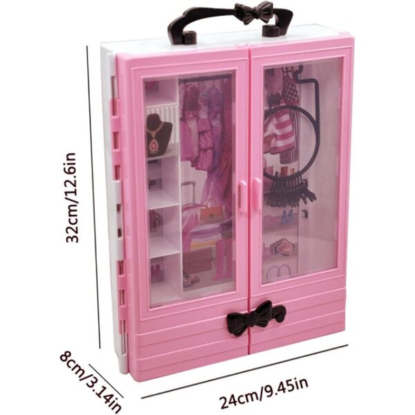 Oshhni Armadio per Bambole con 10 Grucce e Cassetto Organizer, Rosa e Nero