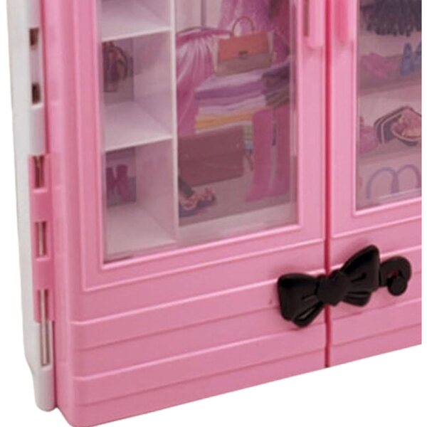 Oshhni Armadio per Bambole con 10 Grucce e Cassetto Organizer, Rosa e Nero